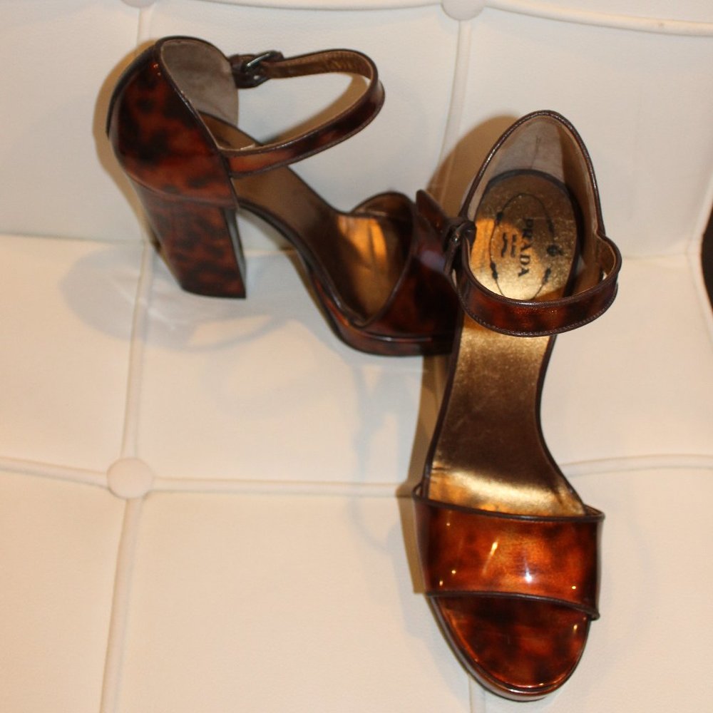 PRADA Tortoise Patent Leather Open Toe Block Heels